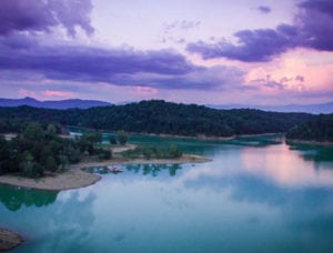 purple sky at sunset over Douglas Lake near Smoky Mountains