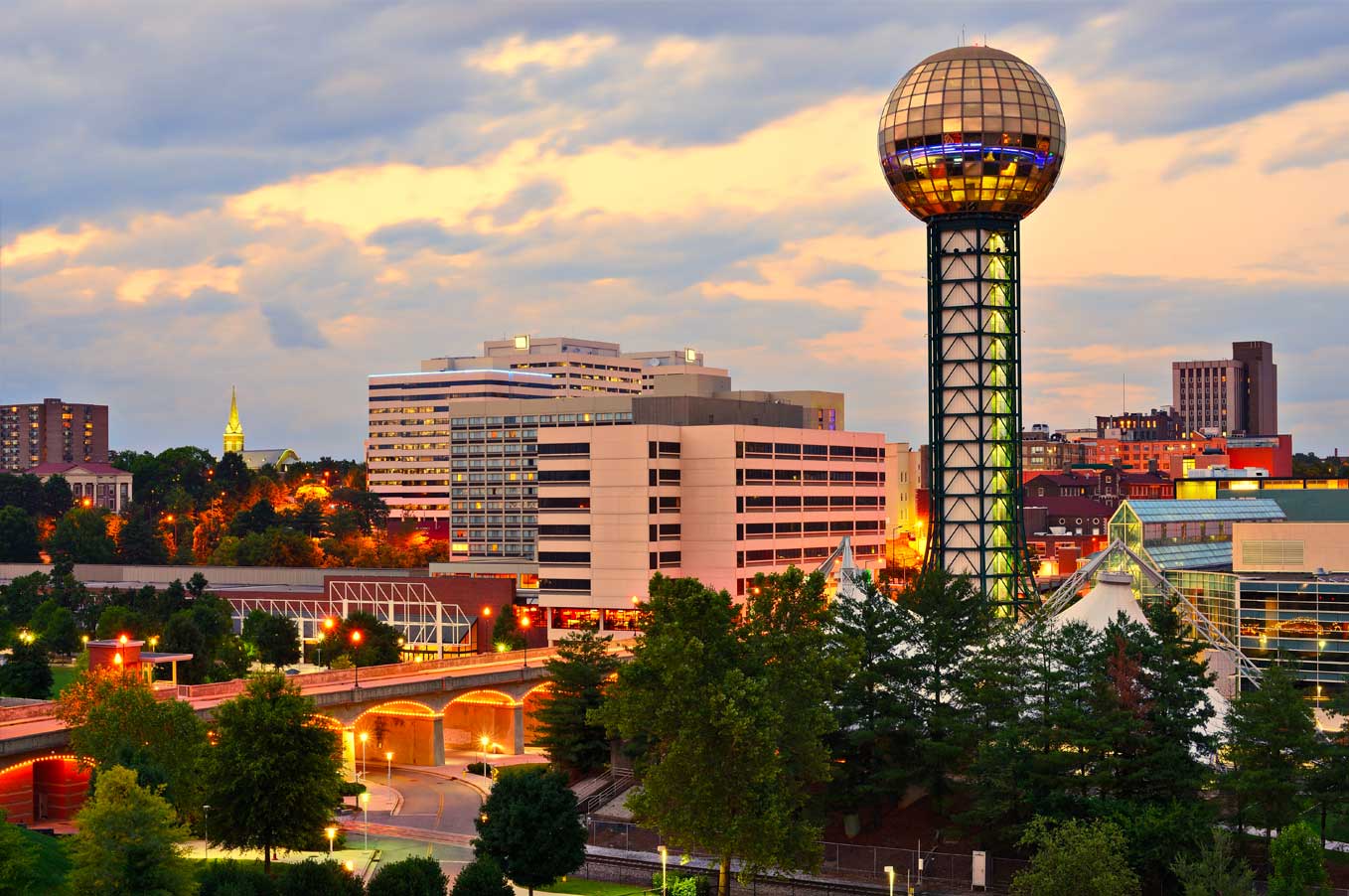 Downtown Knoxville TN and the Sun Sphere at Worlds Fair Park