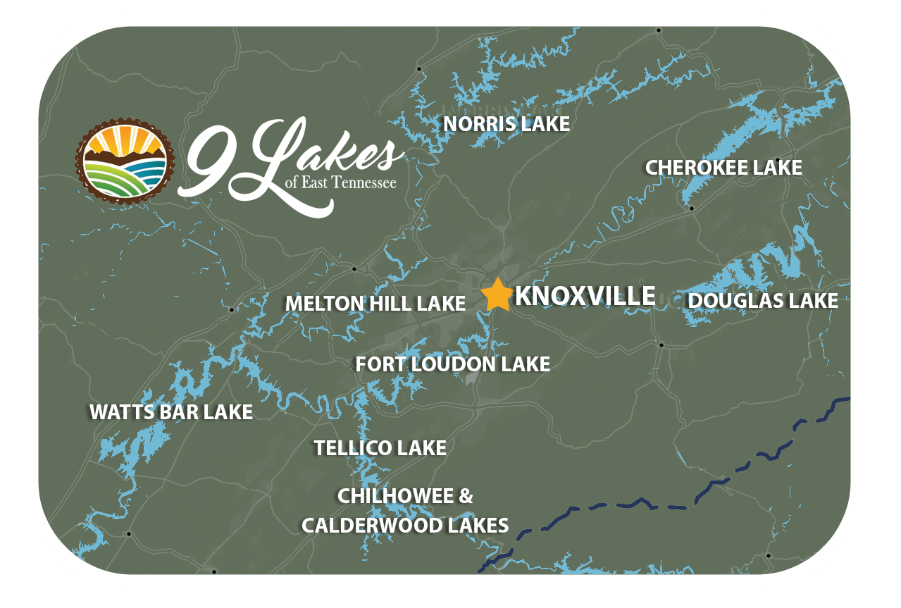 labelled map of the nine lakes in east tennessee