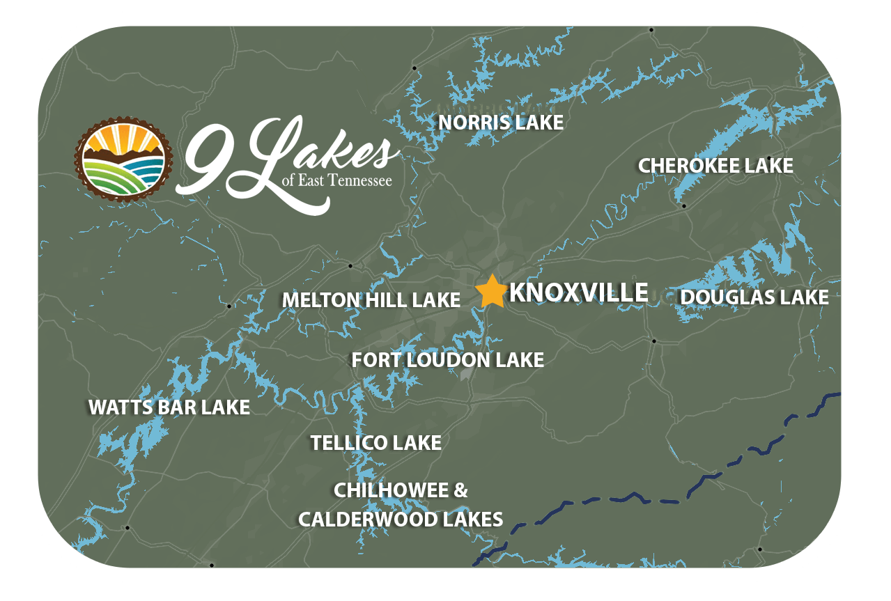 labelled map of the nine lakes in east tennessee