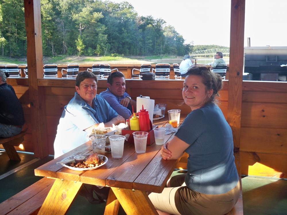 A group of people eating at Bubba Brews.